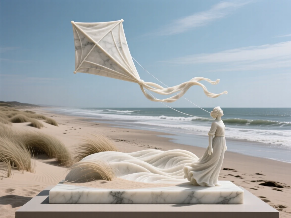 An evocative depiction of a kite flying high above a windswept beach, in a moment of quiet stillness, balancing detail with emotional depth