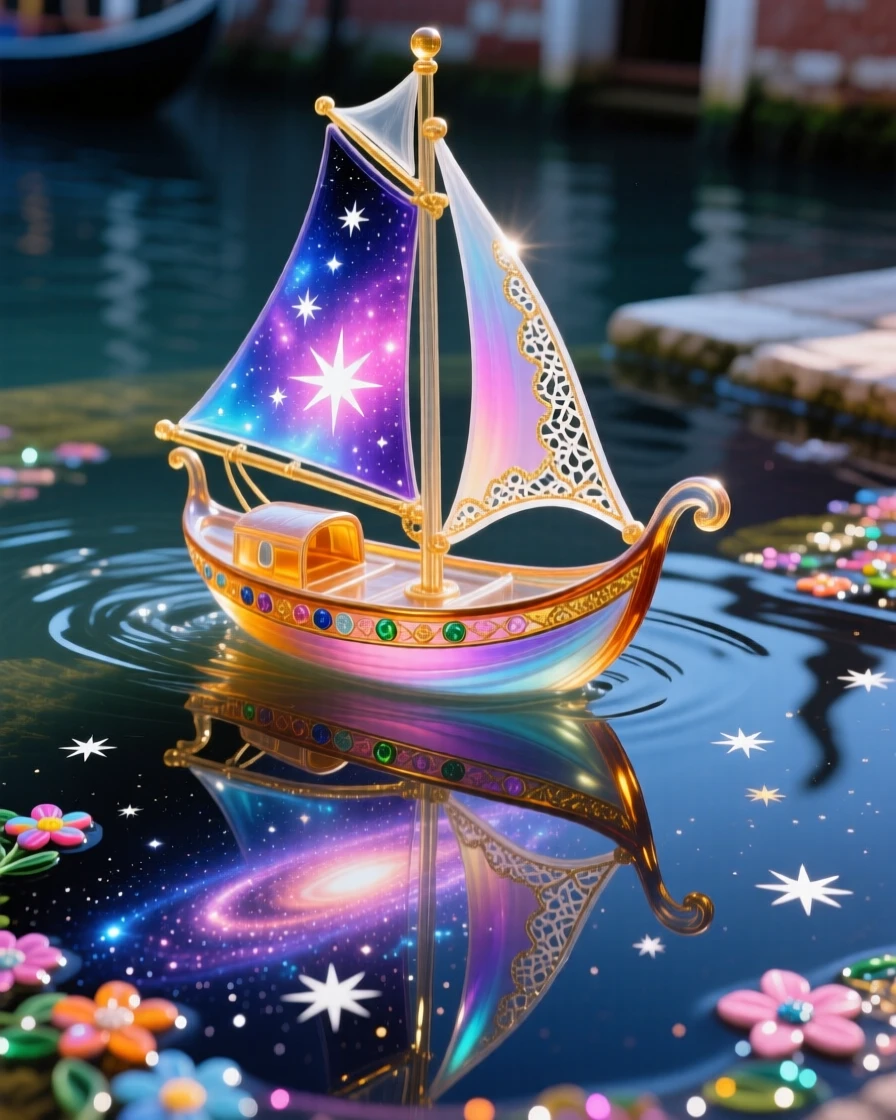 A tiny boat sailing across a puddle reflecting an entire galaxy, poetic and surreal.