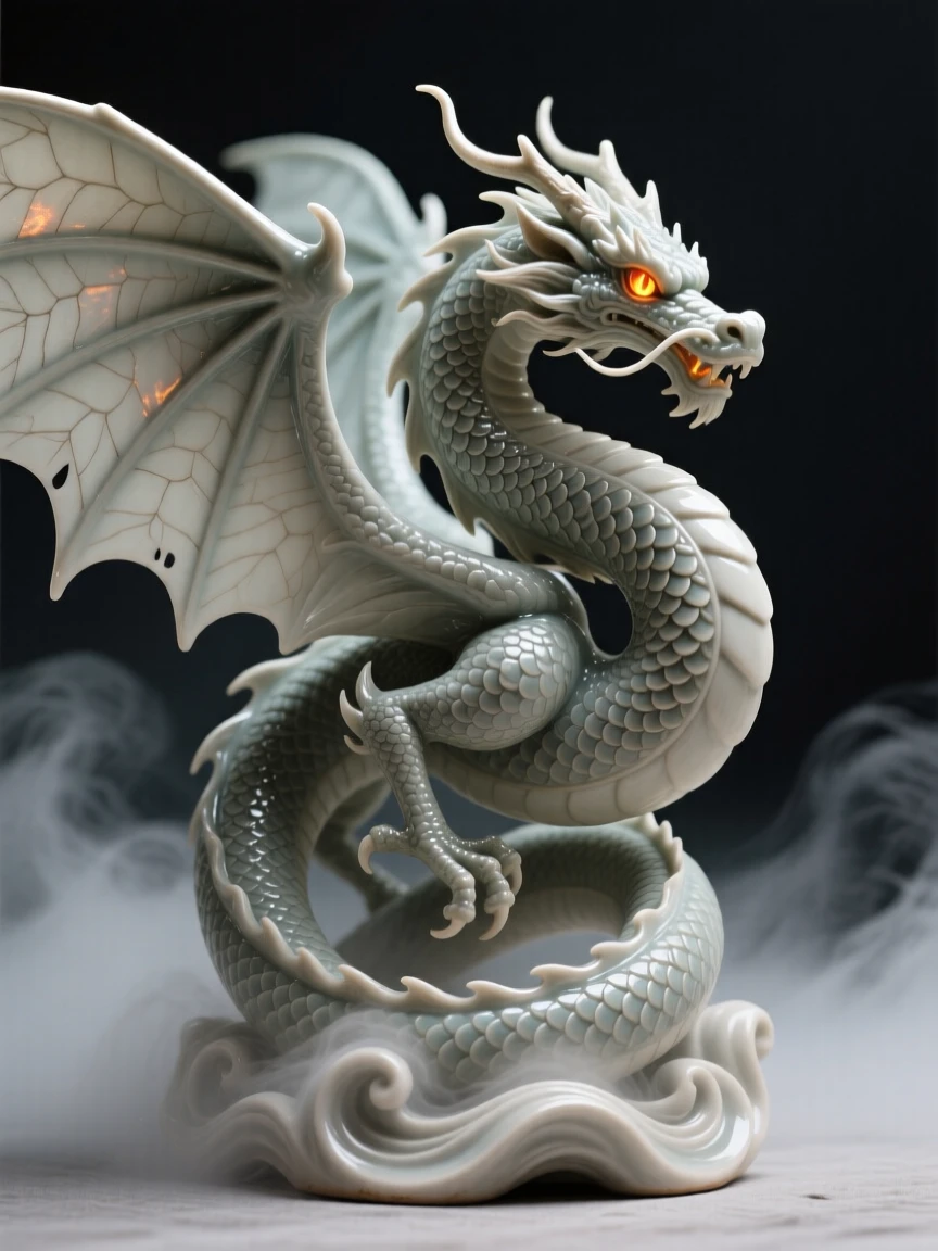 A coiled dragon with outstretched wings emerging dramatically from a swirl of mist, its eyes glowing with an inner fire, capturing the enchantment of forgotten legend.