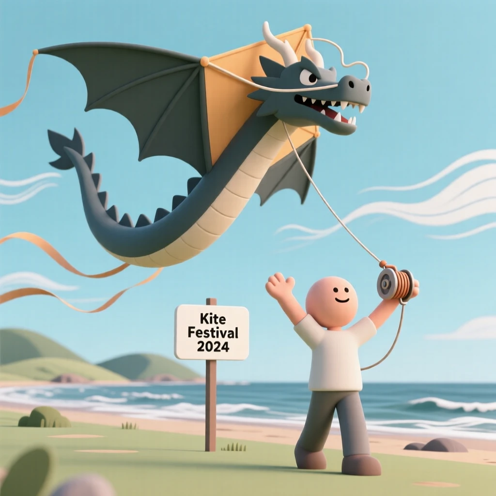 A determined kite festival competitor launches an enormous dragon-shaped kite into a gusty coastal sky.