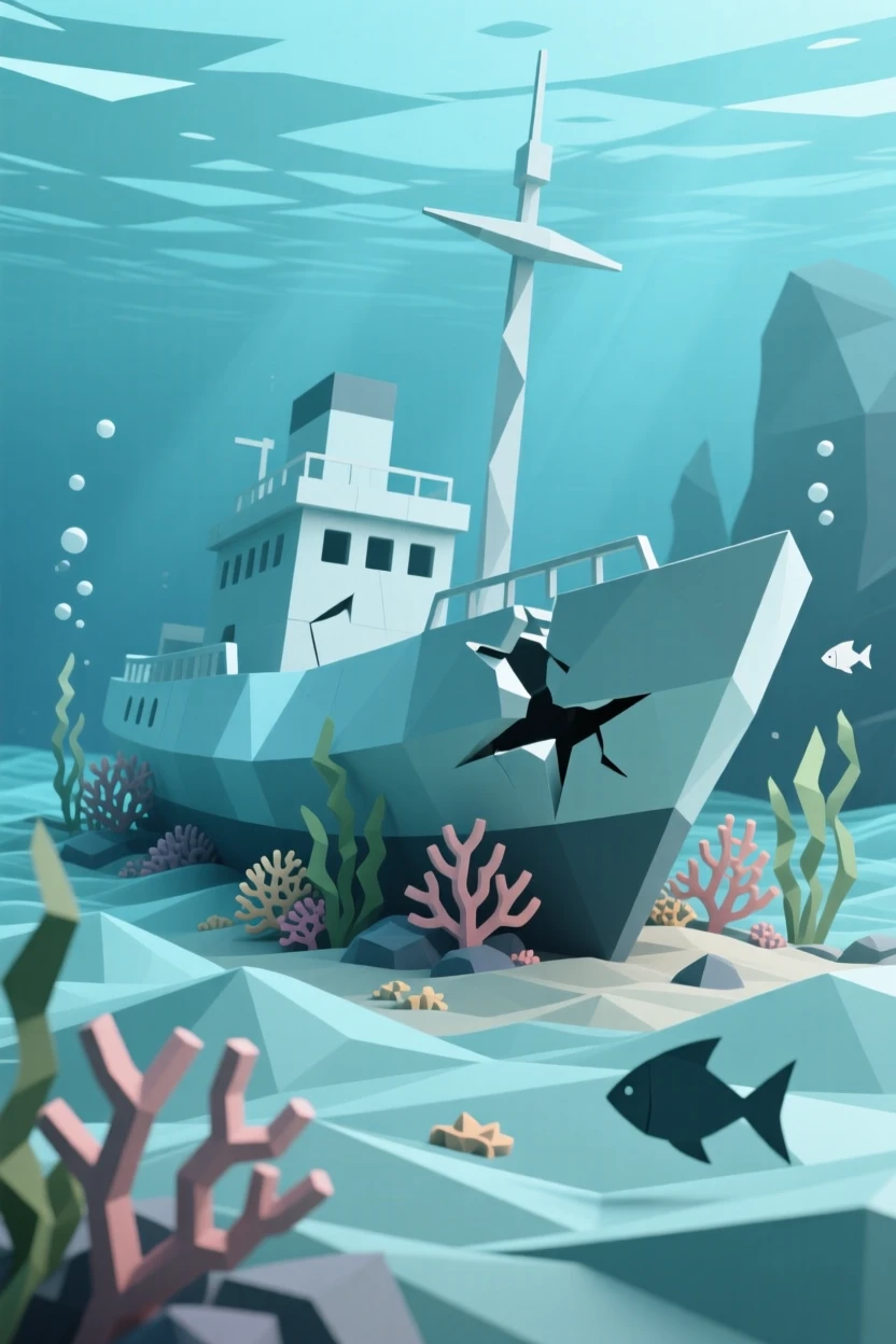 A sunken shipwreck covered in coral and sea life, beneath deep blue underwater currents. the composition uses a wide, immersive perspective. There is a dreamlike, otherworldly quality to the moment.