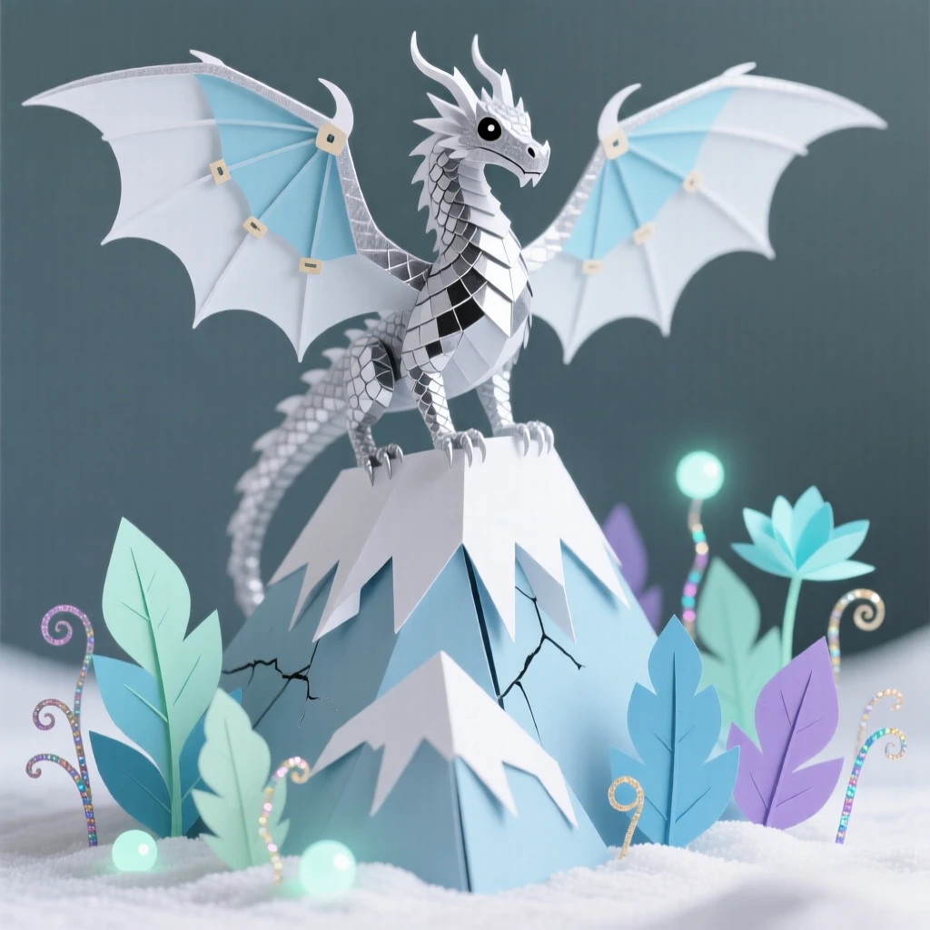 A silver-scaled dragon standing atop a frozen mountain peak, with luminescent plants lighting the surroundings, conveying magic and quiet awe.