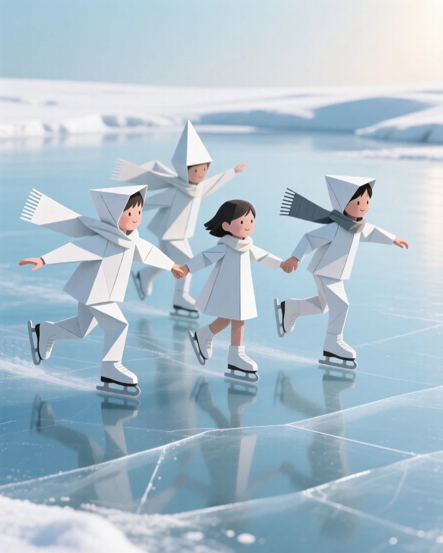 A group of children ice skating together on a frozen pond, scarves flying in the wind.