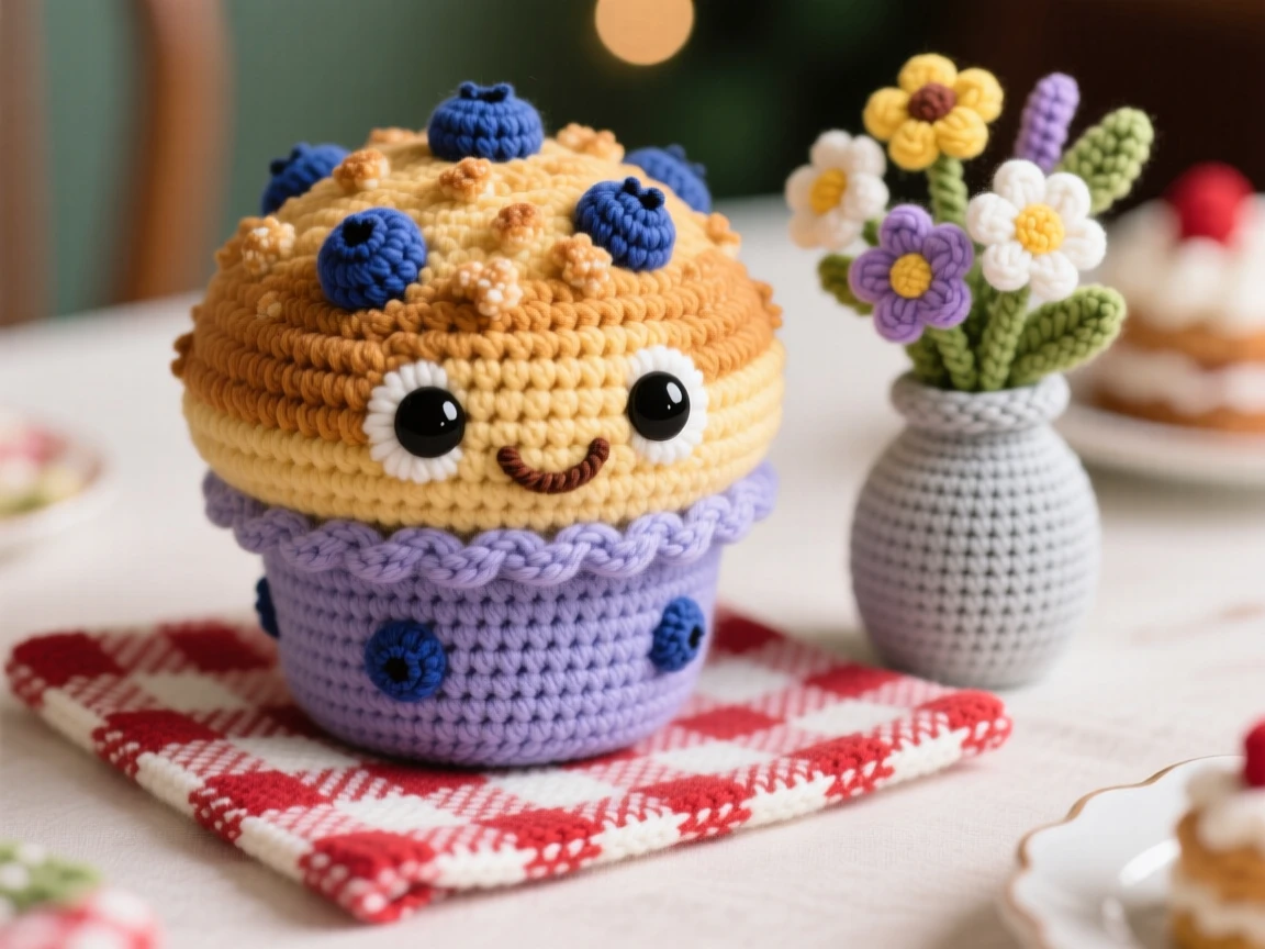 a round blueberry muffin character, with a golden crumbly top, is shown resting on a checkered cafe napkin on a festive holiday dessert table beside a small vase of wildflowers on the table, capturing a cozy sense of shared treats.