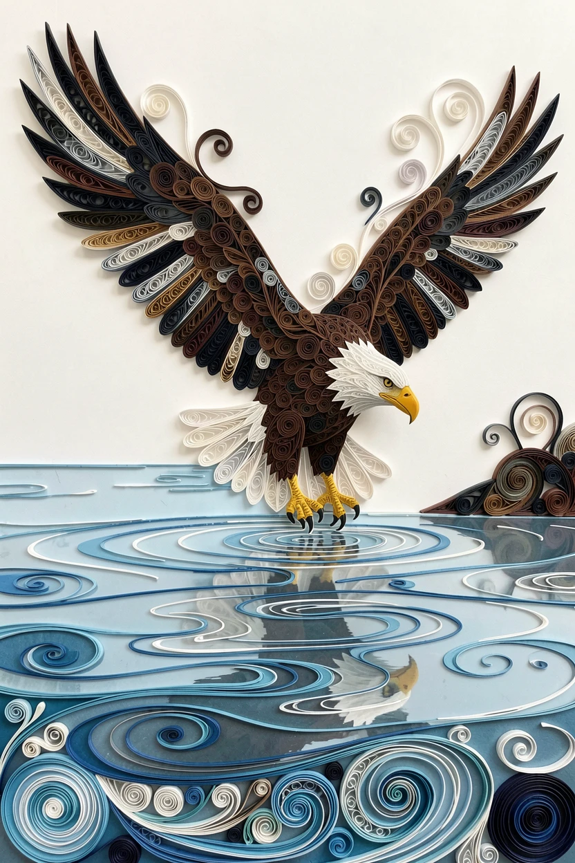 A striking wildlife scene of a soaring bald eagle with wings fully spread beside a still, glassy expanse of water, with fine texture visible in every strand of fur, composed with strong leading lines toward the subject.