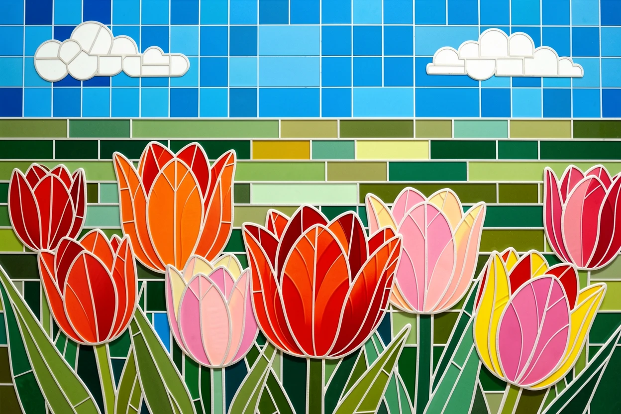 A close-up macro view of an endless tulip field in the Netherlands under a bright blue sky, showing intricate petal texture and delicate detail.