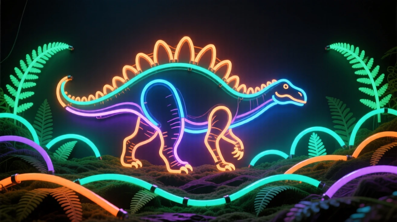 A Stegosaurus walking along a fern-covered valley floor.