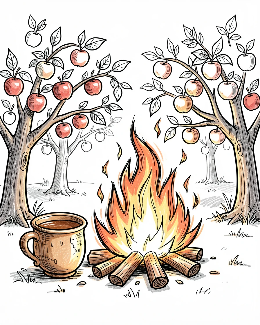 A cup of cider beside a crackling bonfire in an orchard during apple season.