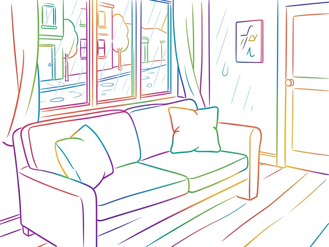 A cozy window seat with cushions overlooking a rainy street.
