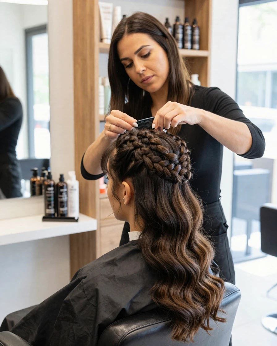 A hairstylist creating an elaborate braided updo