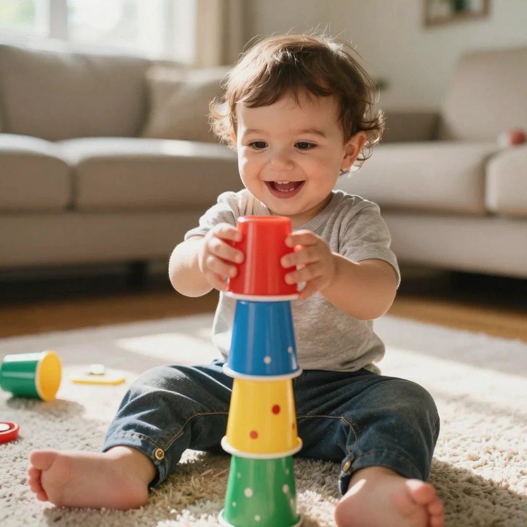A toddler stacks cups into a wobbly tower, cheering when it finally stands.