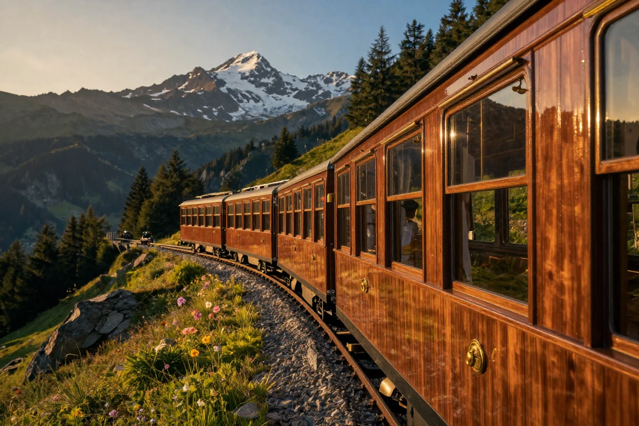 A private train car winding through the Swiss Alps in golden light