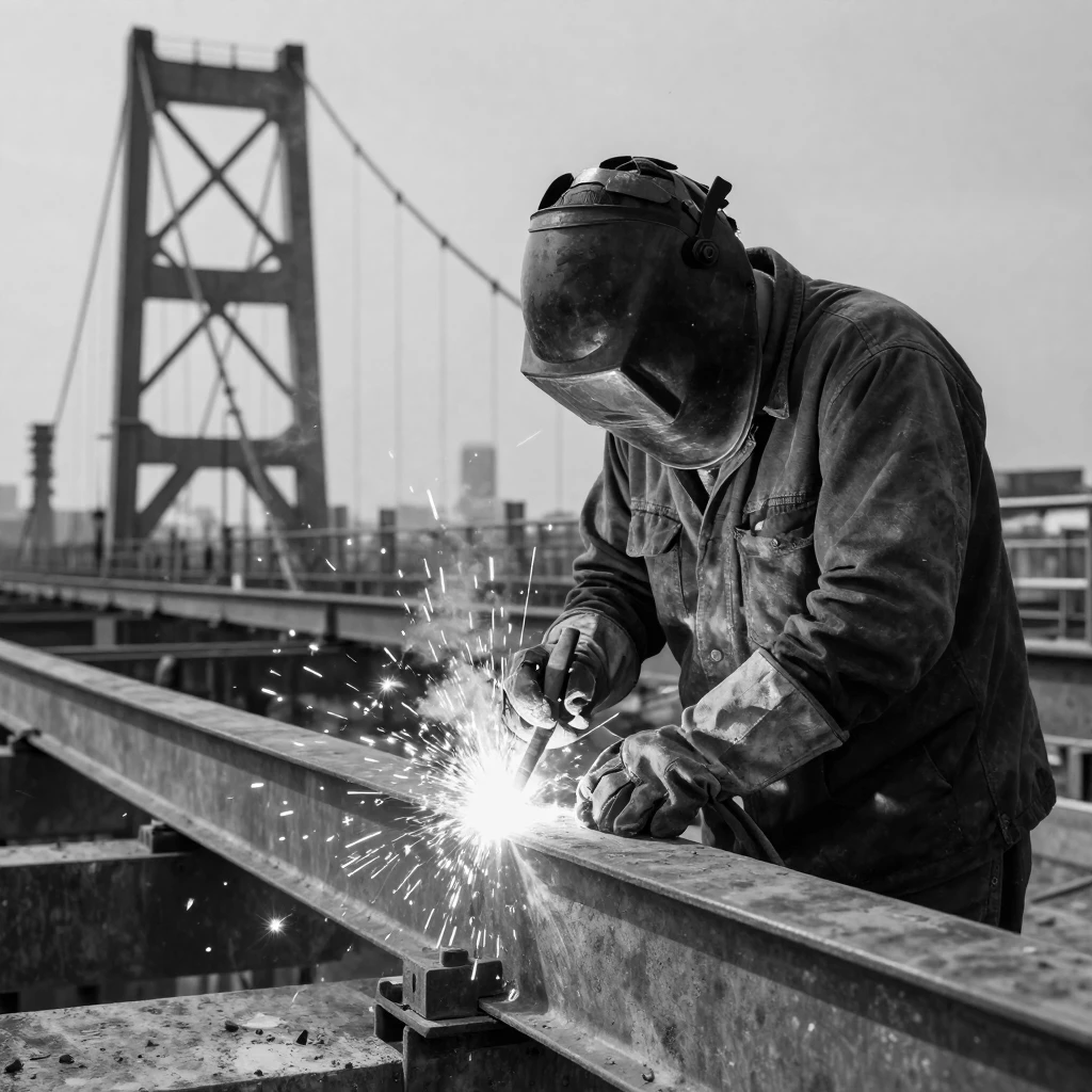 A welder welds two steel beams together in a shower of sparks on a half-built bridge.