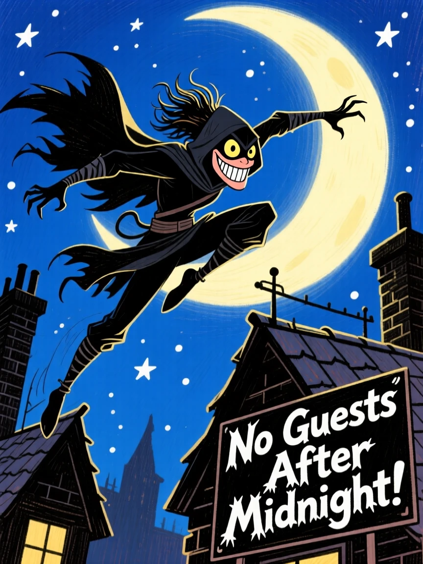 A shadow assassin leaping between rooftops under a crescent moon.