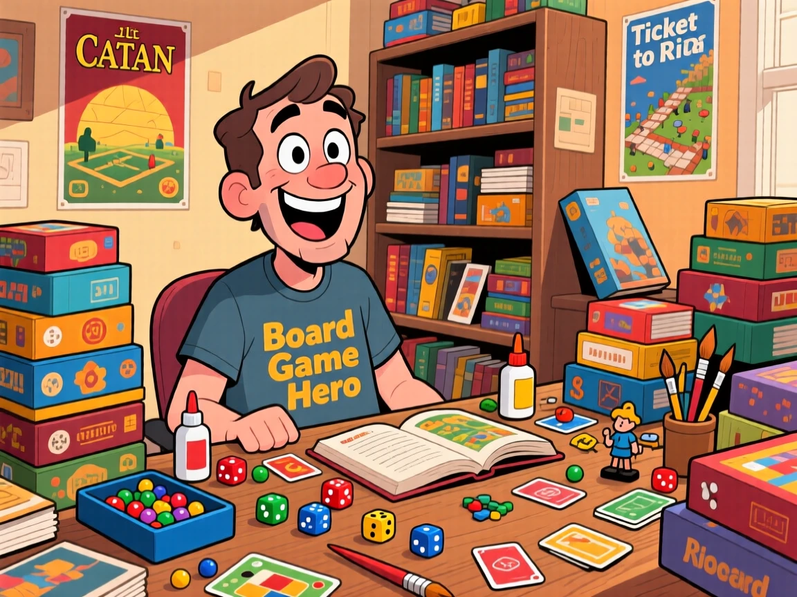 An everyday-life snapshot of an eager board game collector, surrounded by all the tools of their craft, surrounded by a delightful mess of supplies.