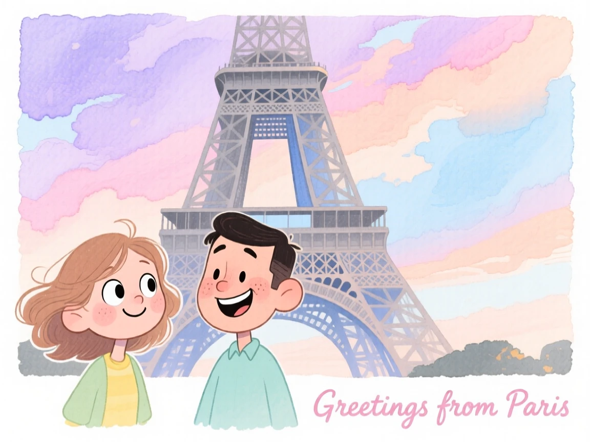 A dreamy travel postcard scene of the Eiffel Tower under a dramatic pastel sky