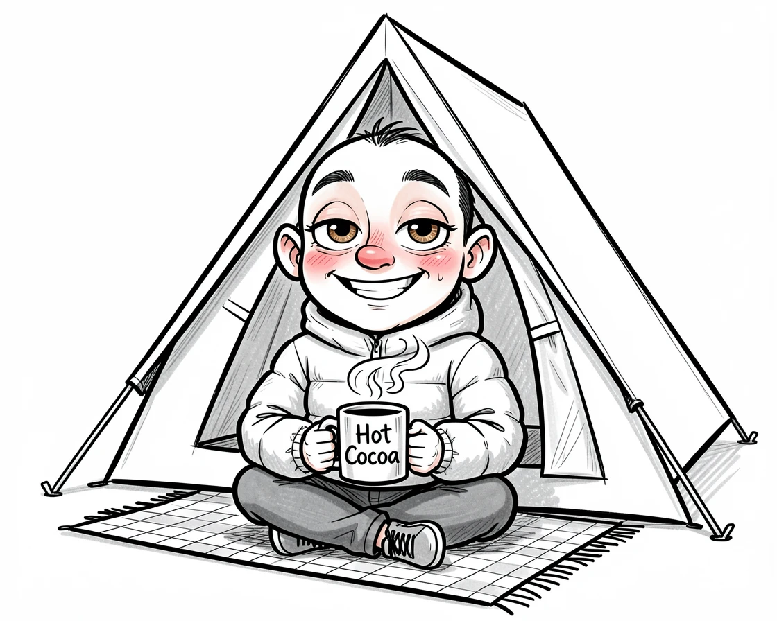 [Trending & Universal Topics] Modern lifestyle scene of a camper cozied up by a tent with a mug of hot cocoa, capturing everyday joy