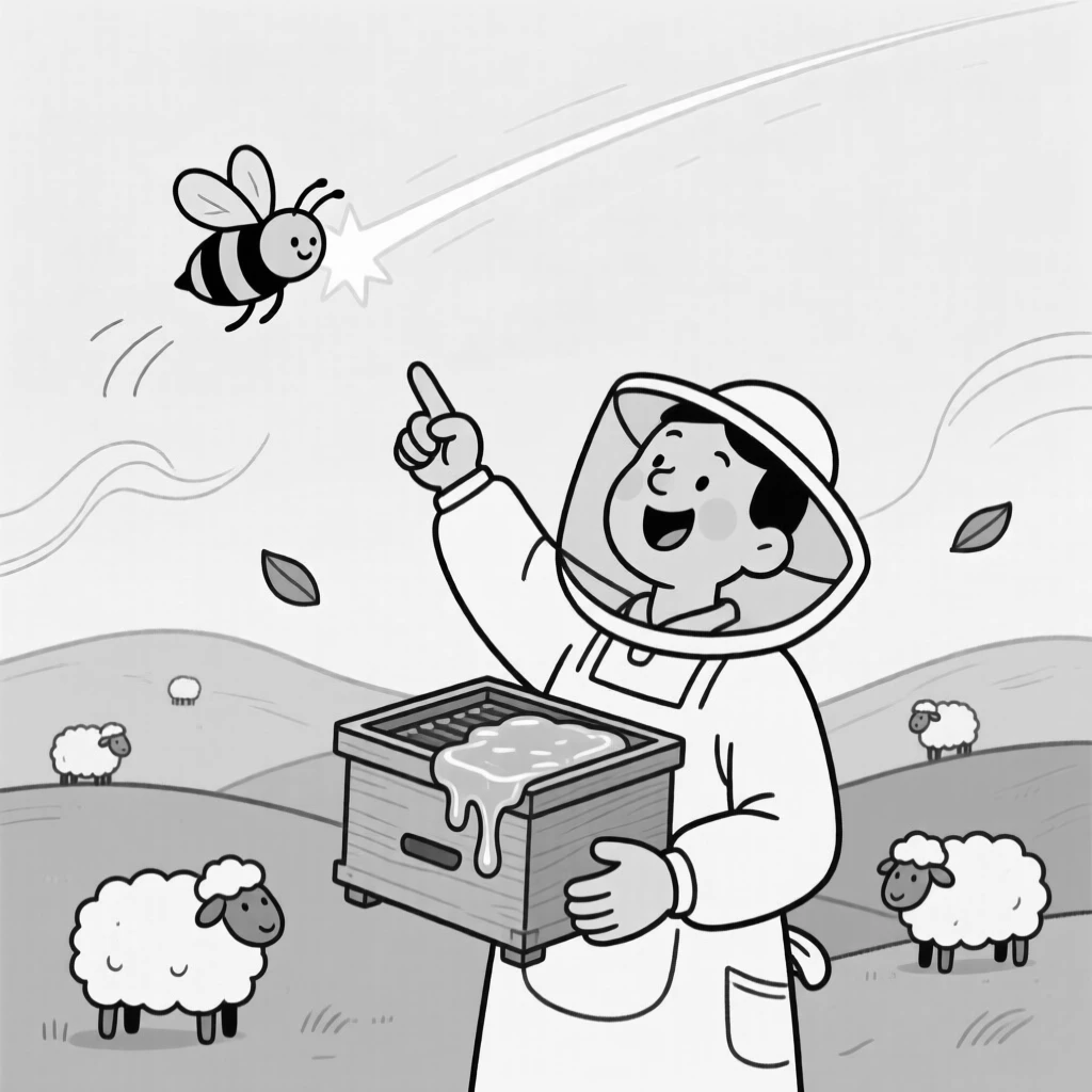 A beekeeper gently cradling a frame dripping with honey, pointing excitedly as a streak of light crosses the sky, set on a rolling green hillside dotted with sheep. A gentle breeze sends more leaves fluttering down. There's a fresh, playful energy woven through the moment.