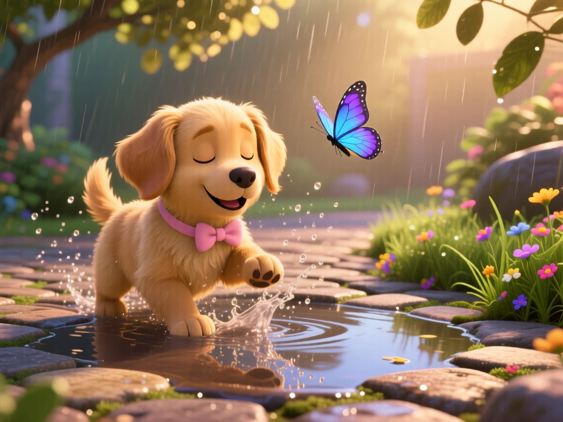 A fluffy golden retriever puppy is splashing in a shallow puddle after rain, chasing a fluttering butterfly. A gentle, sleepy calm fills the moment, with a tiny bow tied around its neck.