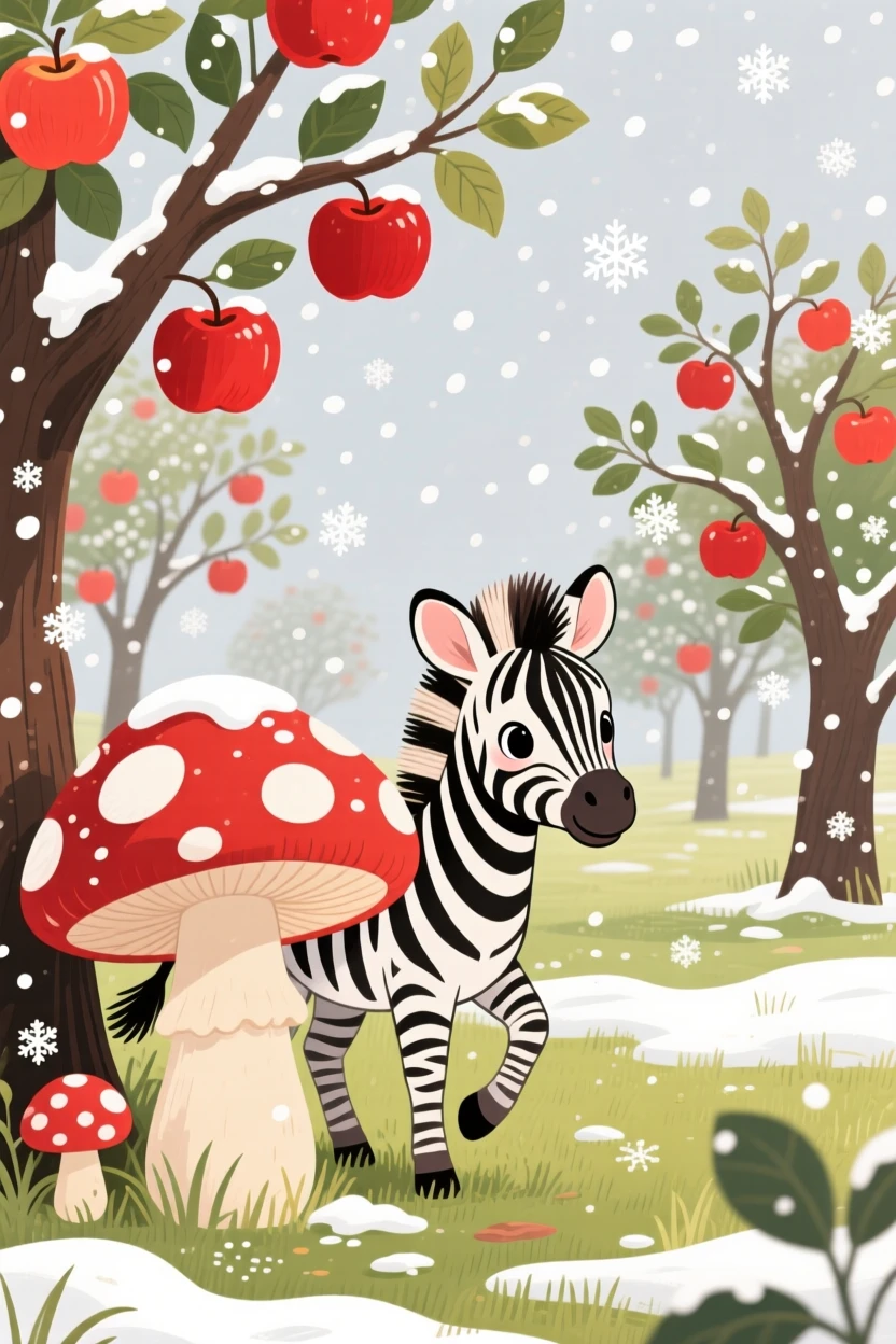 A stripy zebra foal is peeking out from behind a mushroom in an apple orchard, with the first snowflakes falling softly.