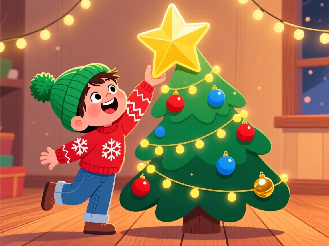 A child reaching up to place a star atop a Christmas tree.