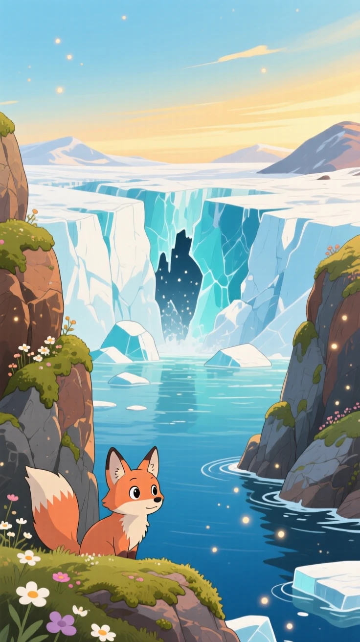 A stunning view of a glacier calving into icy blue water, framed between two rocky outcrops.