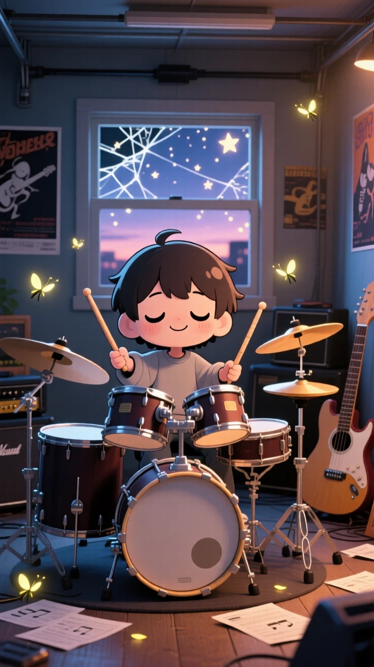 In a garage band practice room, a young drummer is beating a joyful rhythm on a drum set as fireflies begin to glow at dusk, bathed in sparkling starlight, expression full of sleepy relaxation. Shot as a full-body shot.