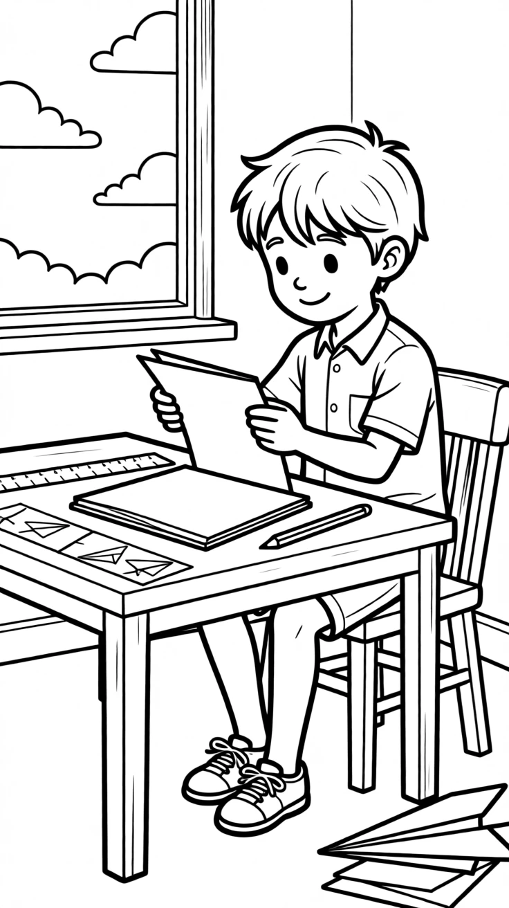 A young inventor designing a paper airplane for distance