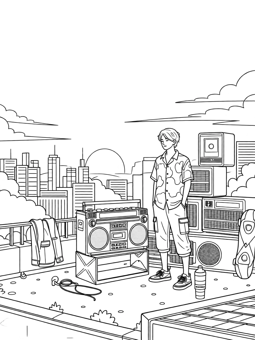 A boombox playing on a rooftop at sunset, with amplifiers stacked in the background.