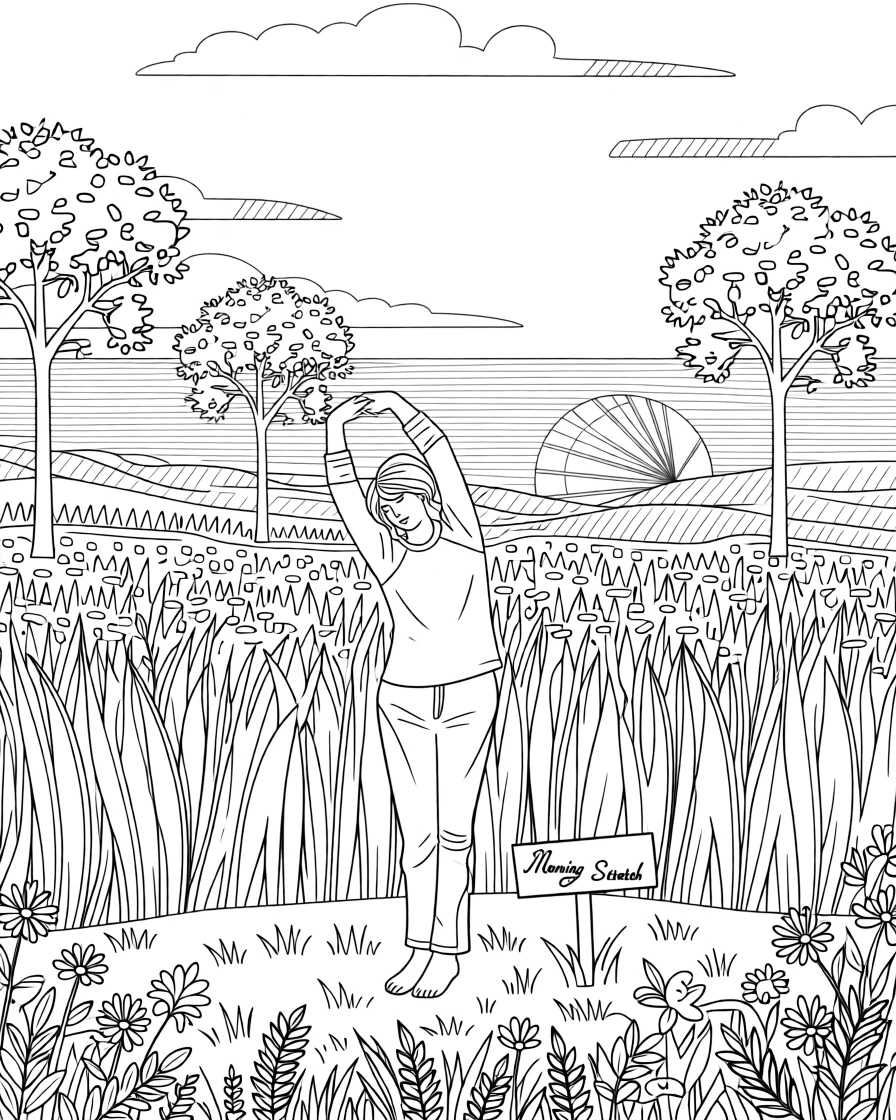 A person practicing gentle stretching in a field of tall grass at dawn.