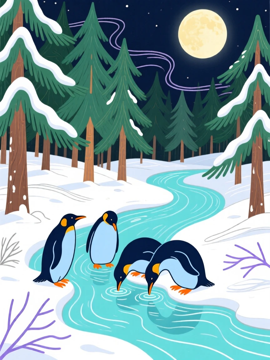 A group of penguins drinking from a stream in a snowy pine forest under a full moon.