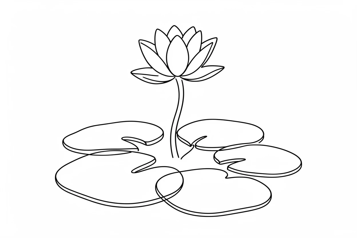 A single water lily blooming among broad green pads on a pond