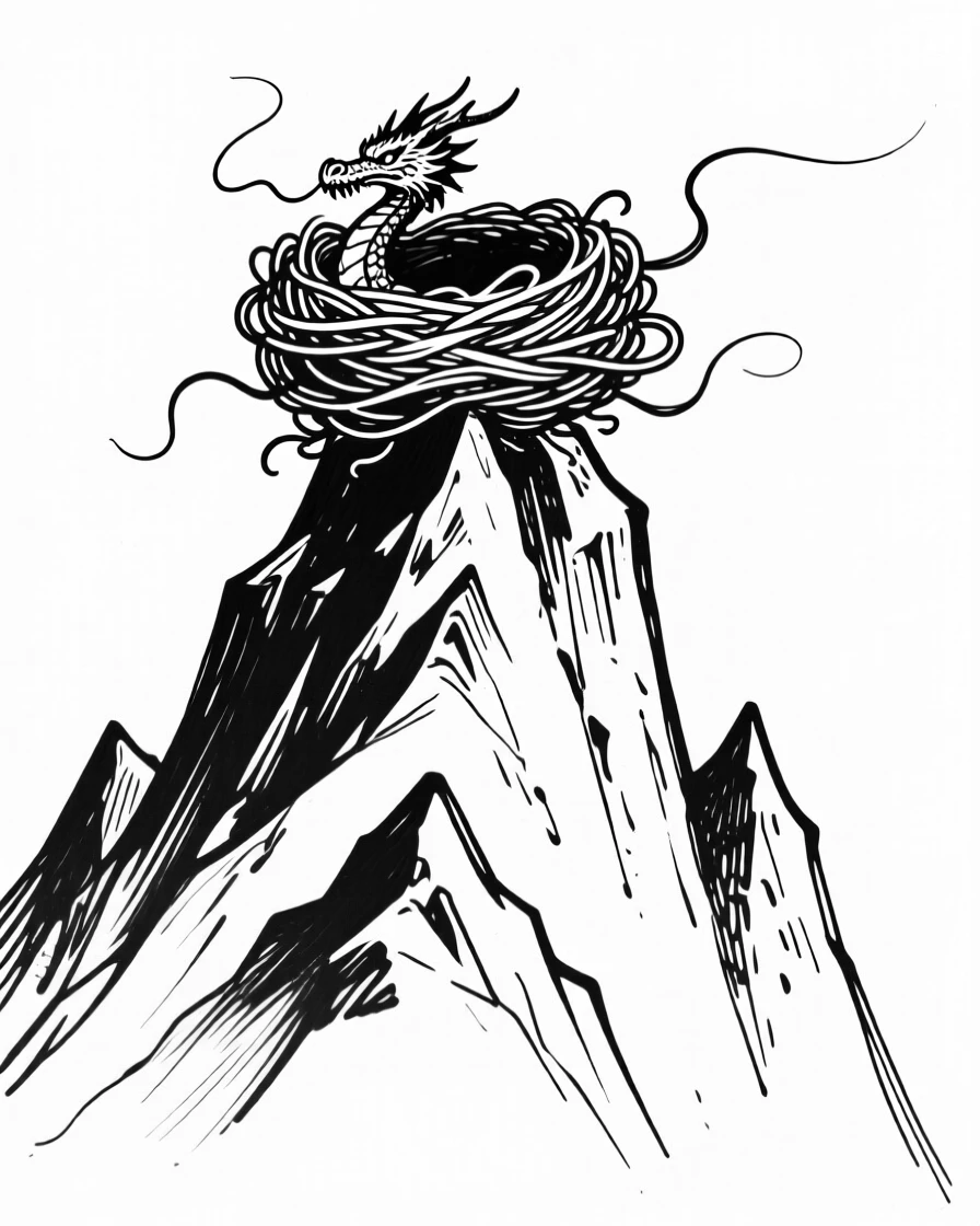 A dragon's nest perched high atop a jagged mountain spire.