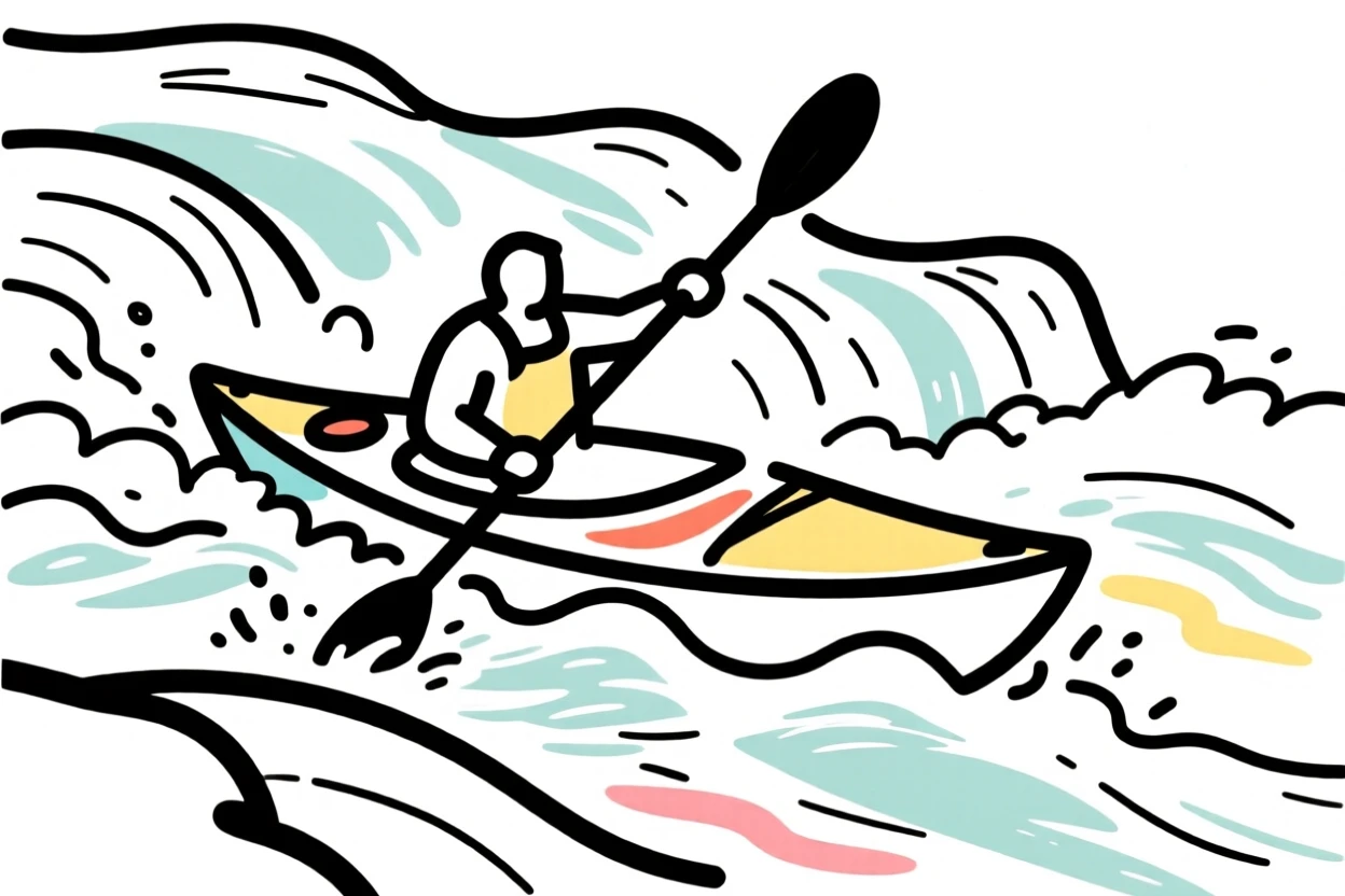A kayaker paddling through churning white-water rapids.