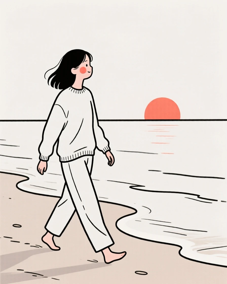 A young woman enjoying a peaceful morning walk, on a sandy beach at sunset.