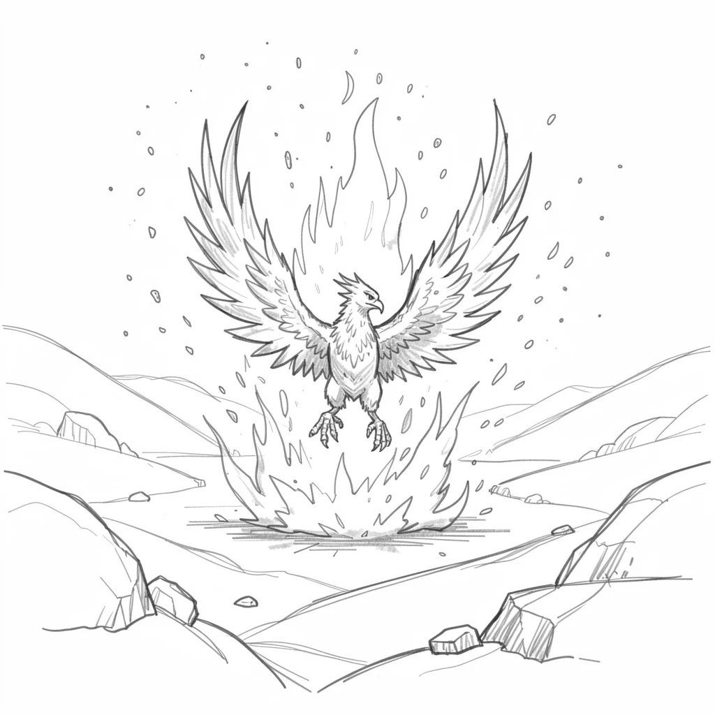 An epic fantasy scene of a phoenix rising in a burst of flame in a valley bathed in otherworldly light, with glowing spores floating like snow.