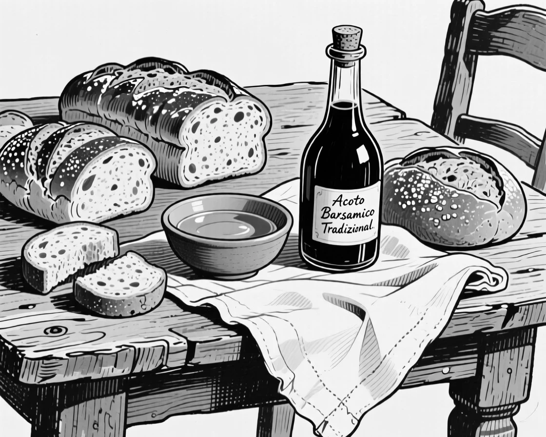 A rustic table spread with fresh baked bread, olive oil, and balsamic vinegar.