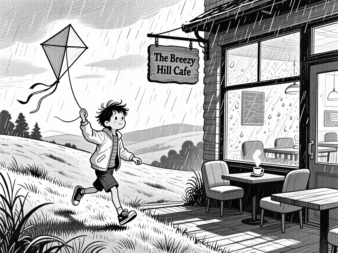 A boy flying a kite on a breezy hill inside a cozy cafe on a rainy day, with long shadows stretching across the ground, creating a wistfully sweet lifestyle scene.