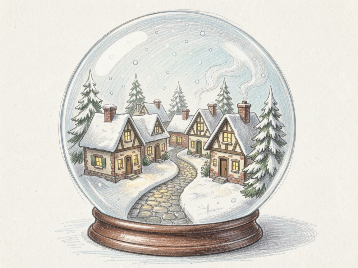 A snow globe scene of a tiny village glittering as flakes swirl inside, with a gentle play of light and shadow across the composition, designed to feel inviting, memorable, and shareable.