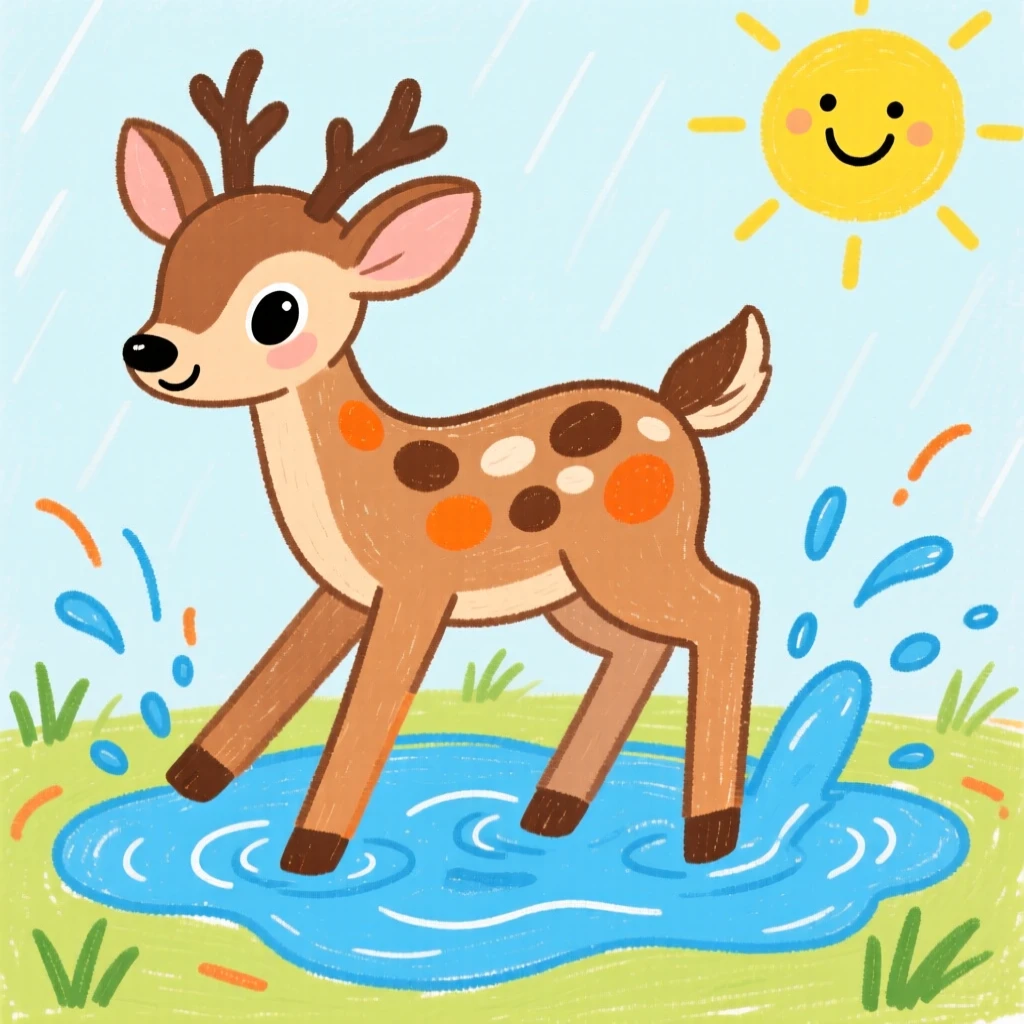 A spotted fawn splashing in a shallow puddle after rain.