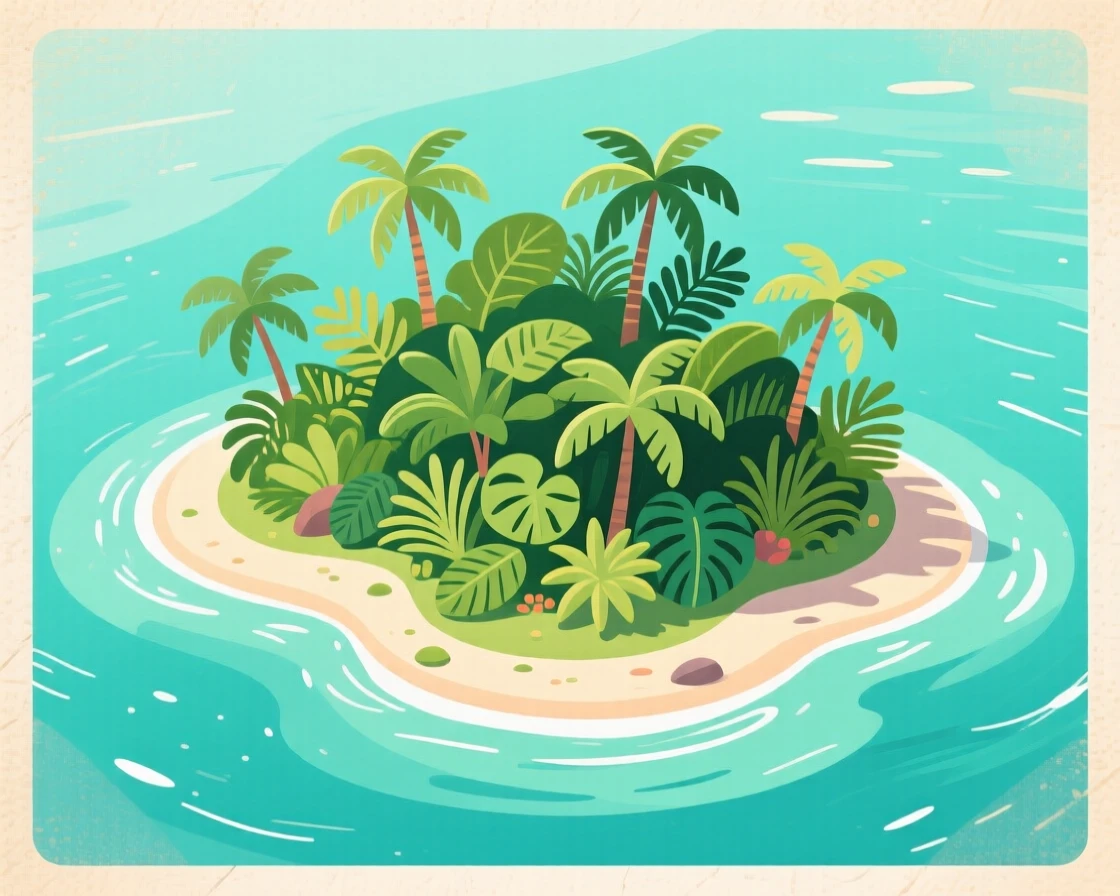 A tropical island seen from above with turquoise water, surrounded by lush tropical greenery, arranged with layered depth from near to far, with a nostalgic, postcard-like charm.
