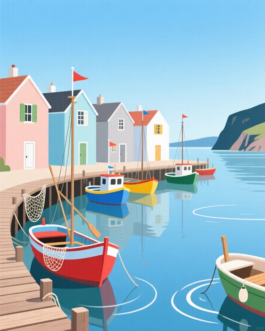 A small fishing village with colorful boats docked along a quiet harbor.