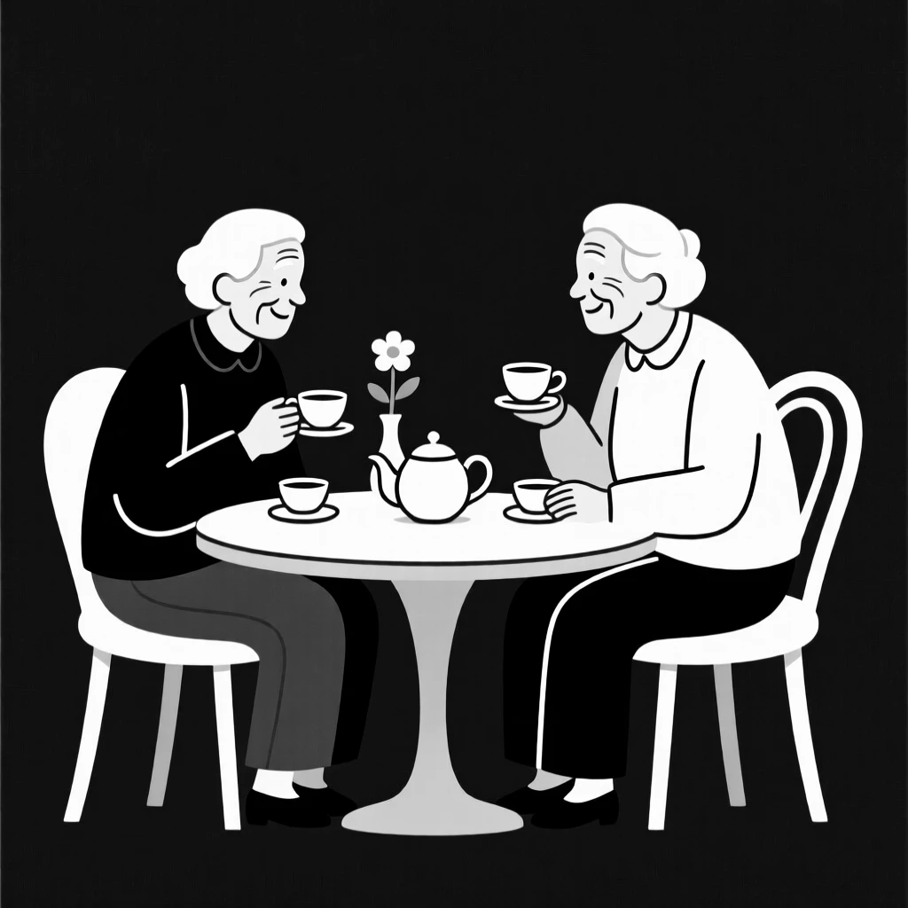 Two elderly friends sharing tea and conversation.