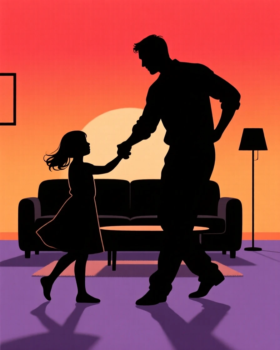 A father and daughter practicing a dance routine in the living room.