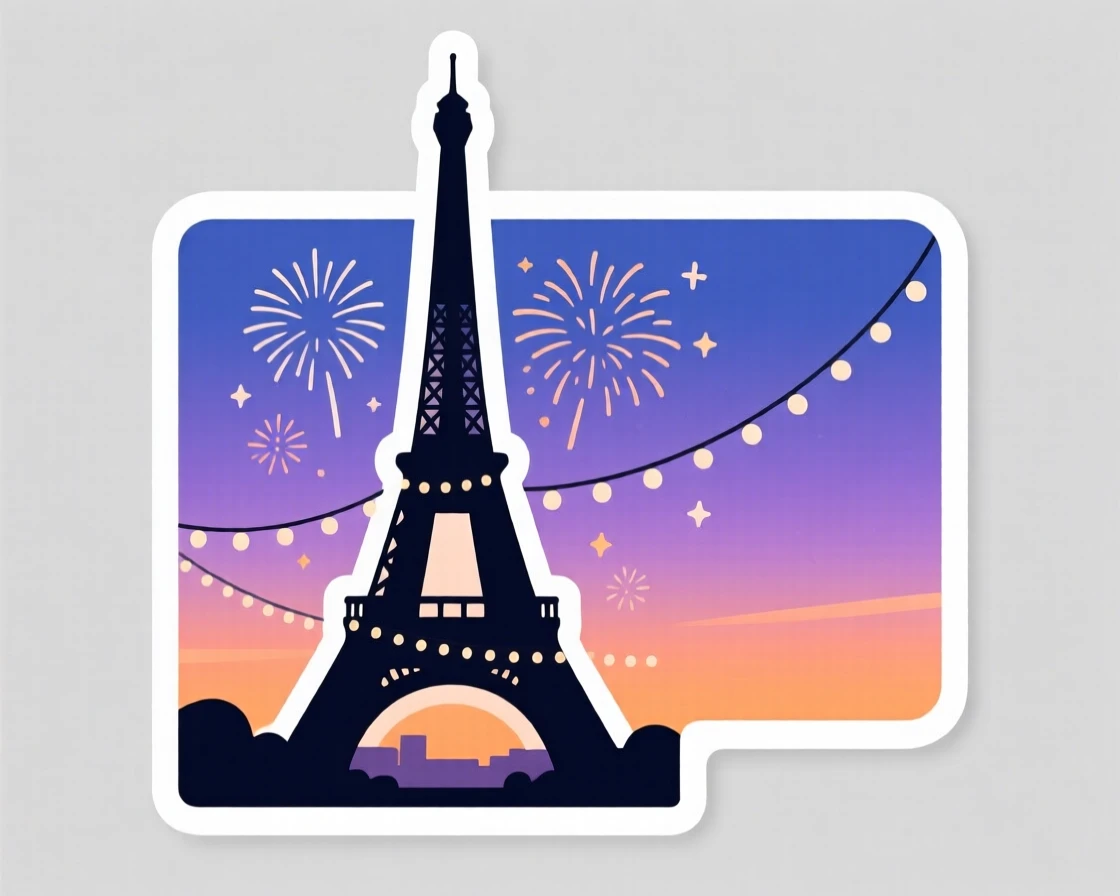 A postcard-perfect iconic Eiffel Tower silhouette at dusk, captured during a festive celebration, in a moment worth remembering forever.