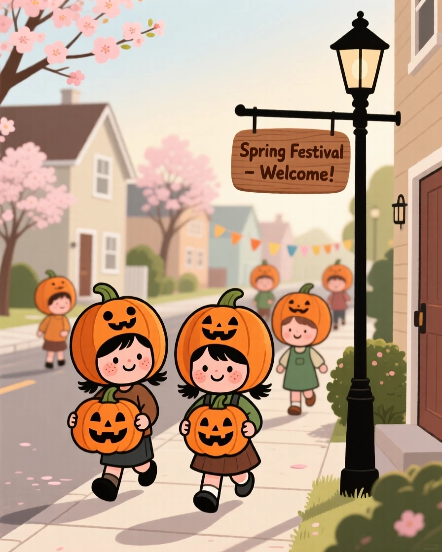 Children in little pumpkin hats carry carved pumpkins through a quiet neighborhood street decorated for a spring festival, giggling at every doorway.