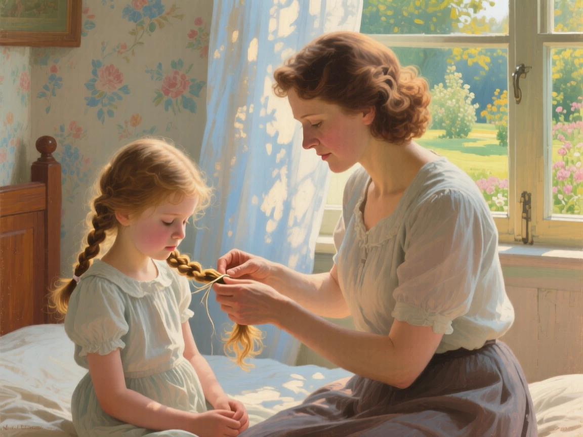 A well-framed scene of a young mother teaching her daughter to braid her hair, in the height of summer, in the mid-20th century.