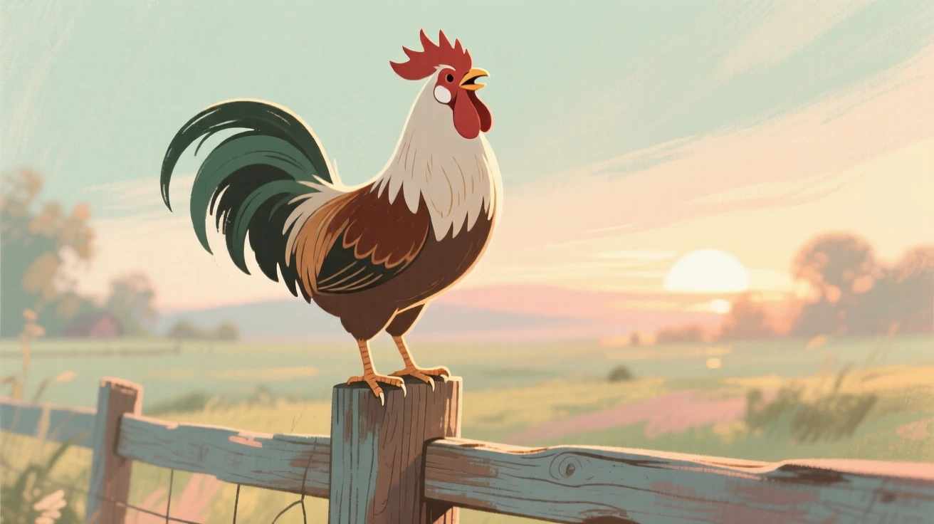 A barnyard rooster crowing atop a fence post at sunrise