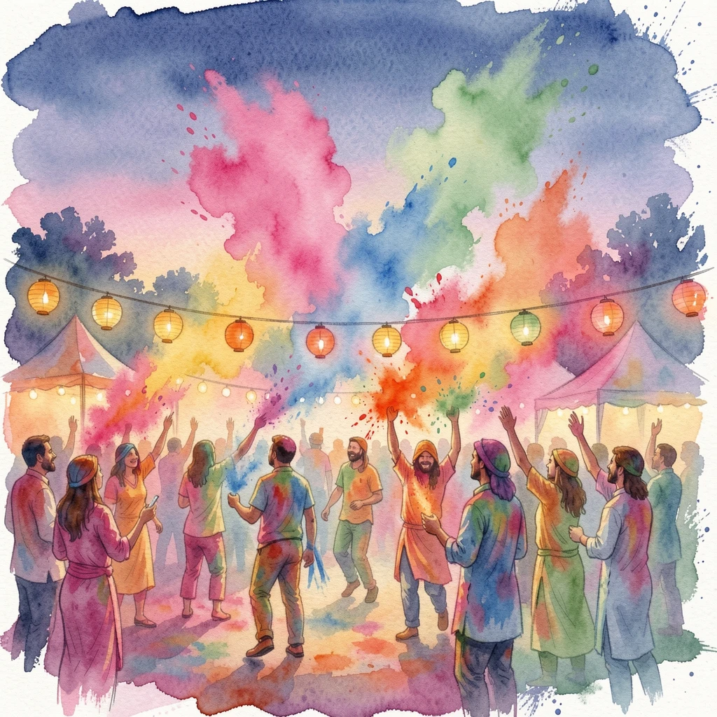 A Holi festival with clouds of colorful powder in the air with warm lantern light glowing at dusk.