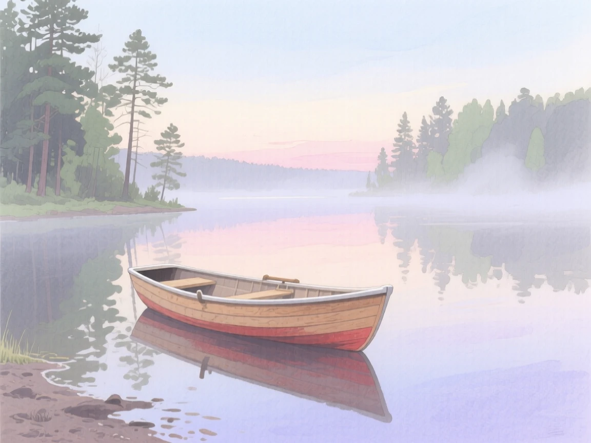 A single rowboat rests on the still shore of a quiet lake surrounded by mist-covered pine trees at dawn